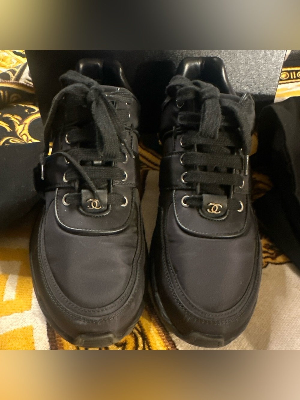 CHANEL Black Nylon & Calf Leather Gold CC Logo Sneakers